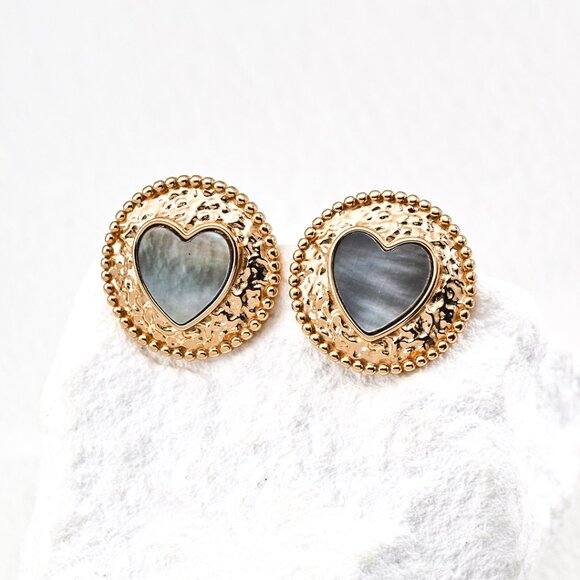 🖤 Artisan Original Design Vintage Black Mother of Pearl Heart Studs | S925 - Picture 1 of 11